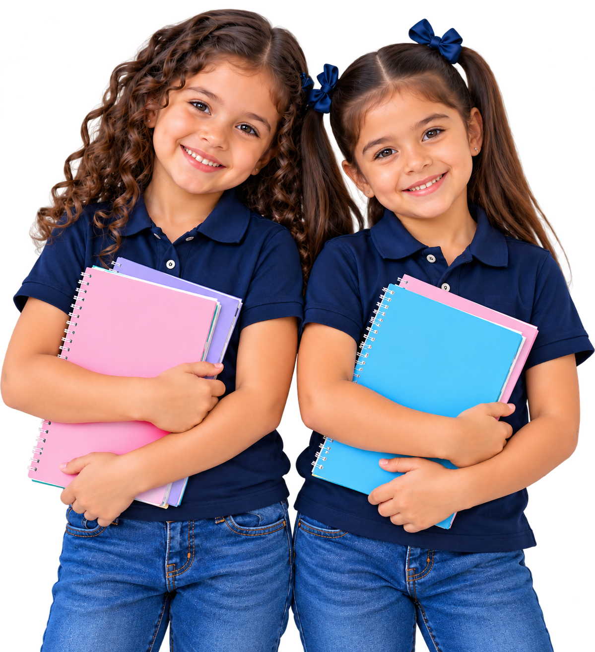 Dos alumnas de Primaria Baja sonriendo con sus uniformes escolares y cuadernos