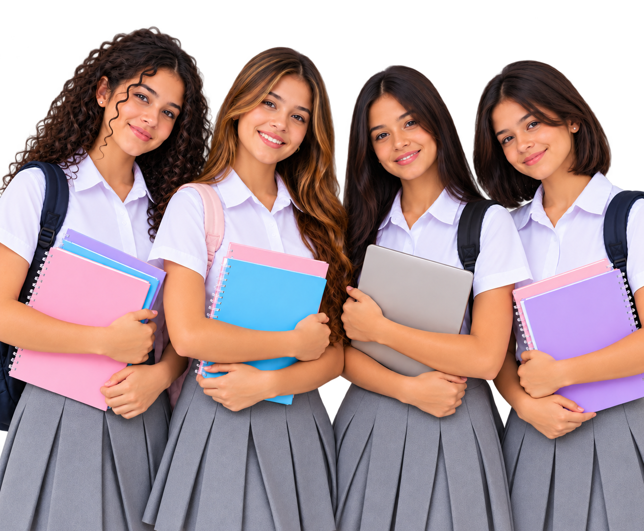 Cuatro señoritas de Diversificado con cuadernos y computadora portátil preparadas para la universidad