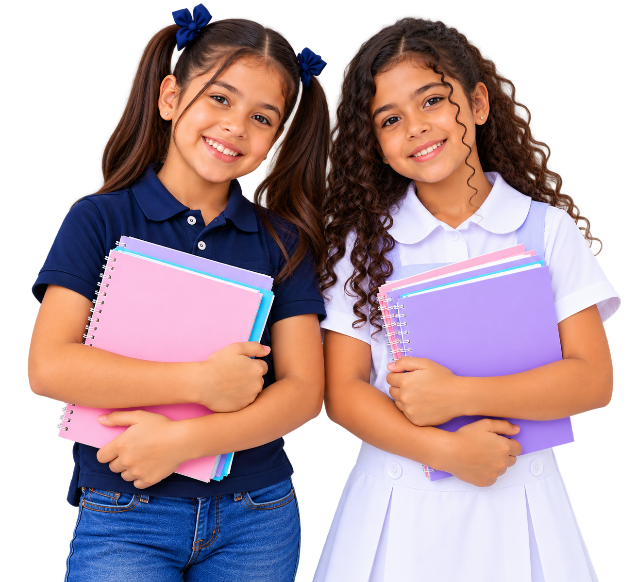 Dos alumnas de Primaria Alta con cuadernos y libros listas para clase
